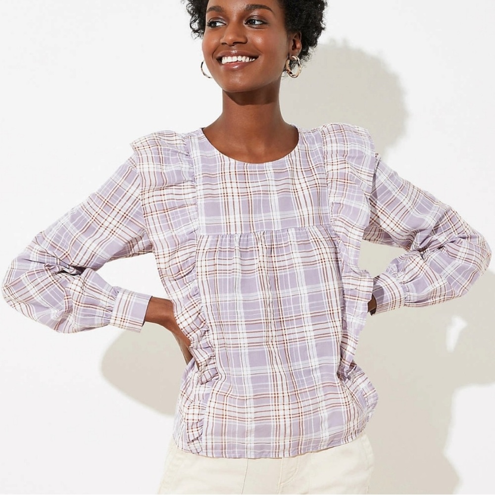 LOFT Lavender Plaid Ruffle Long Sleeve Top NEW NWT Med